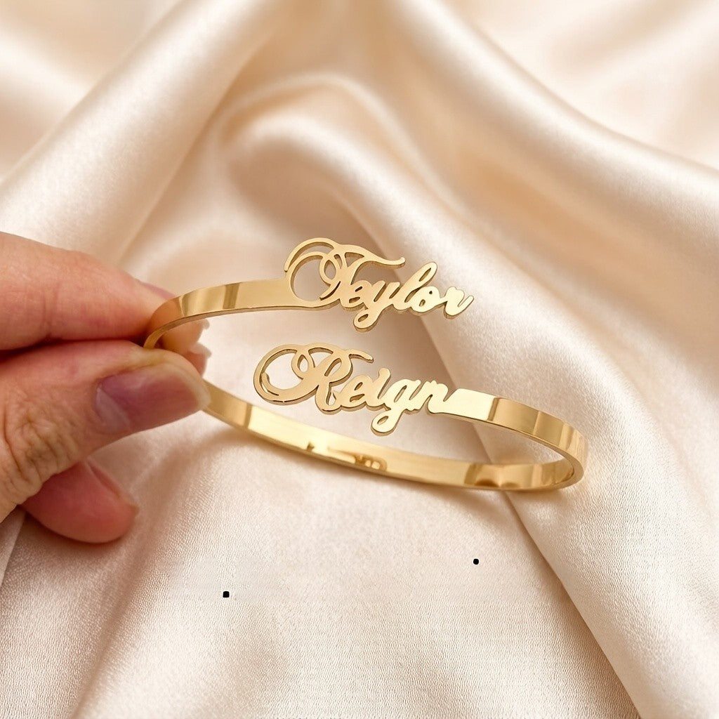 Classy Double Name Script Bangle Bracelet