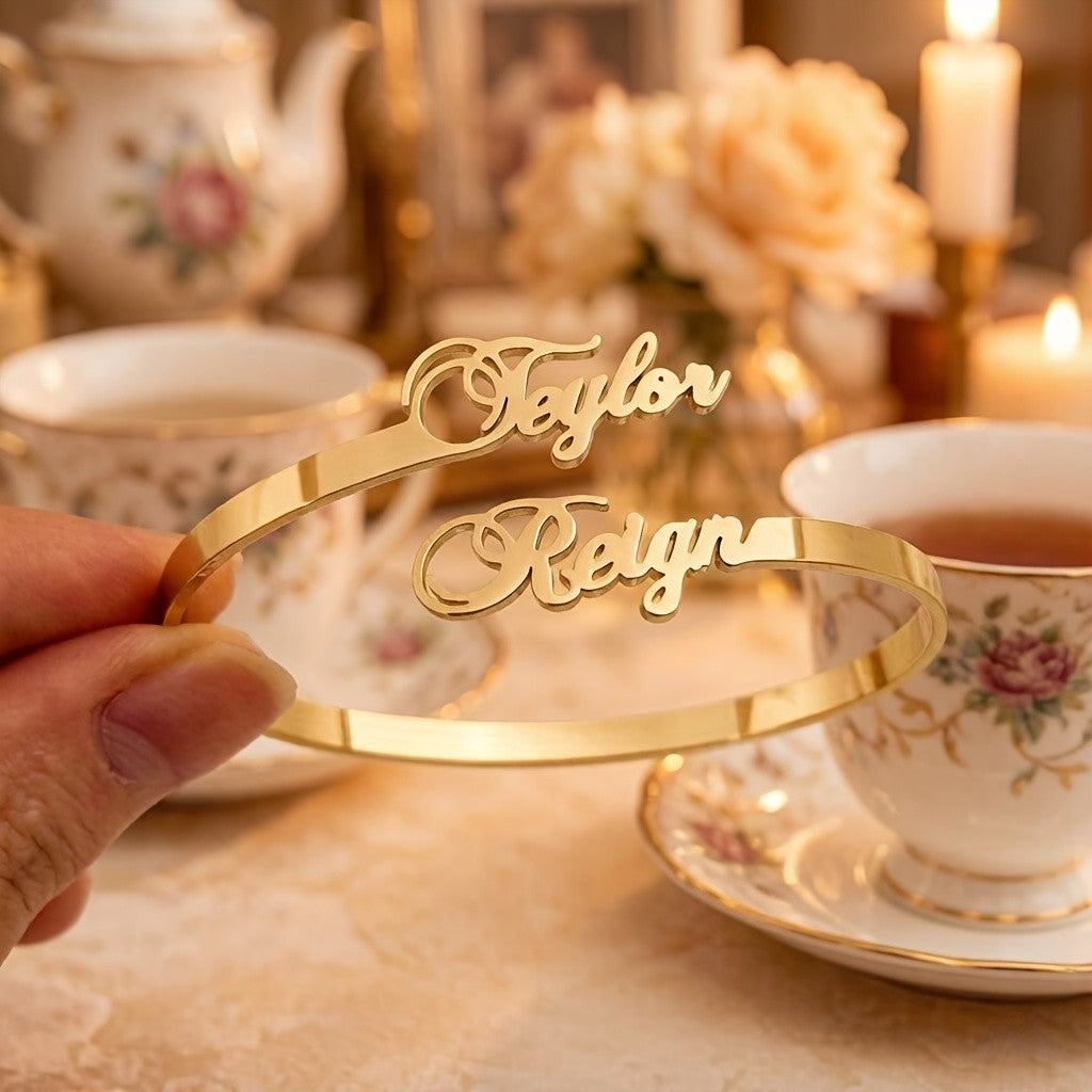 Classy Double Name Script Bangle Bracelet