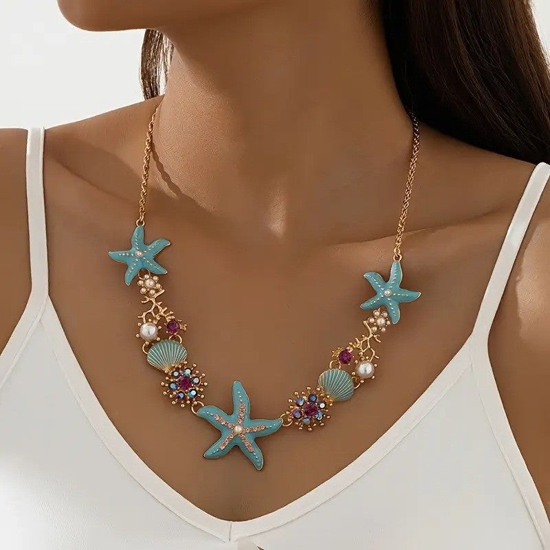 Boho Turquoise Starfish & Shell Necklace