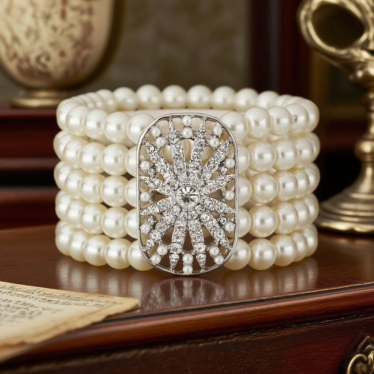 Elegant Multi-Row Faux Pearl Sunburst Bracelet