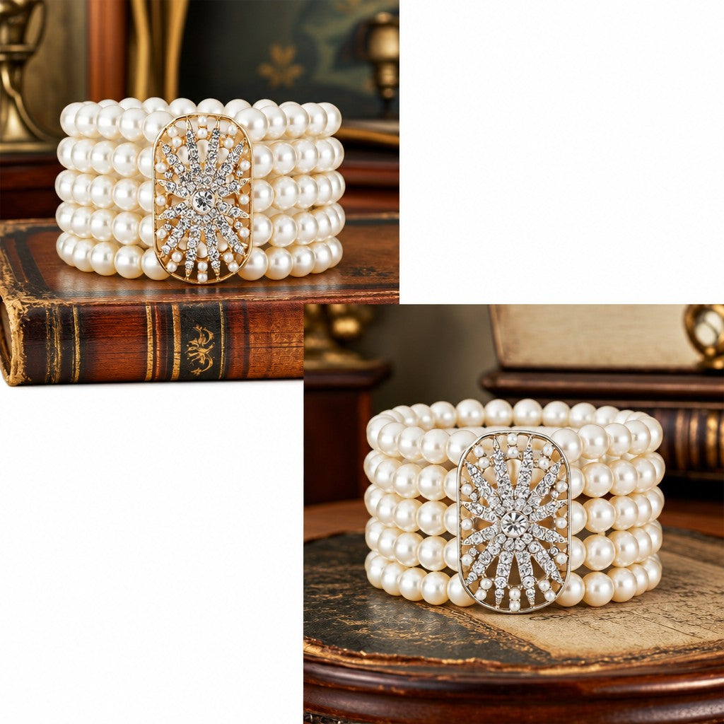 Elegant Multi-Row Faux Pearl Sunburst Bracelet