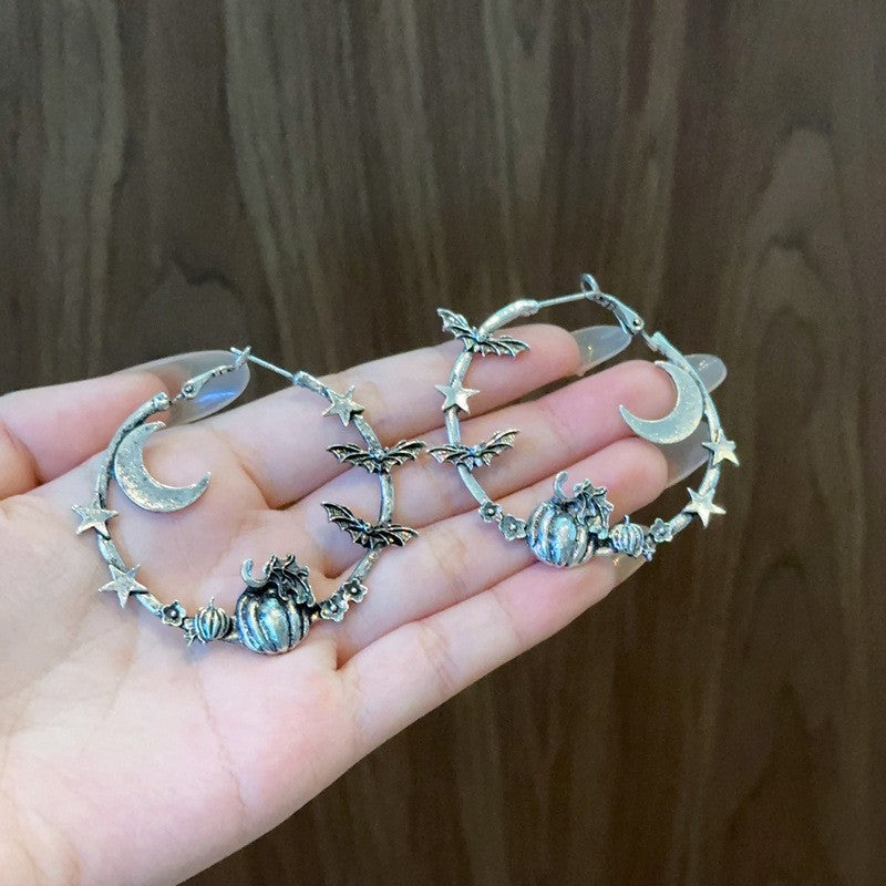 Gothic Moon Bat Hoop Earrings