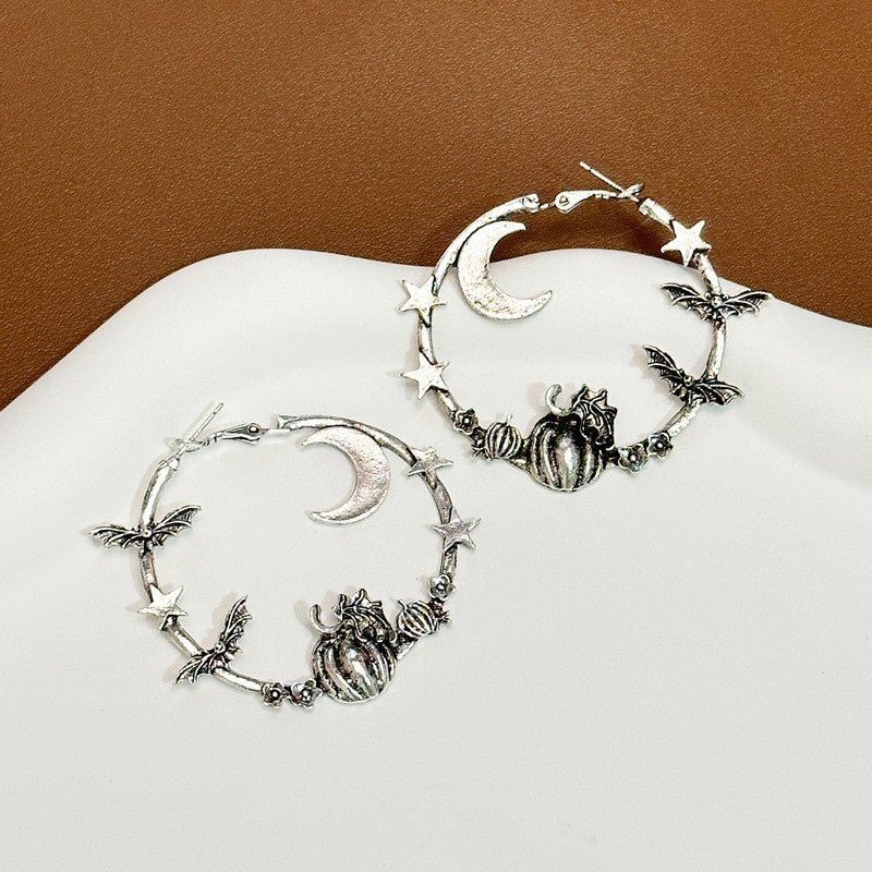 Gothic Moon Bat Hoop Earrings