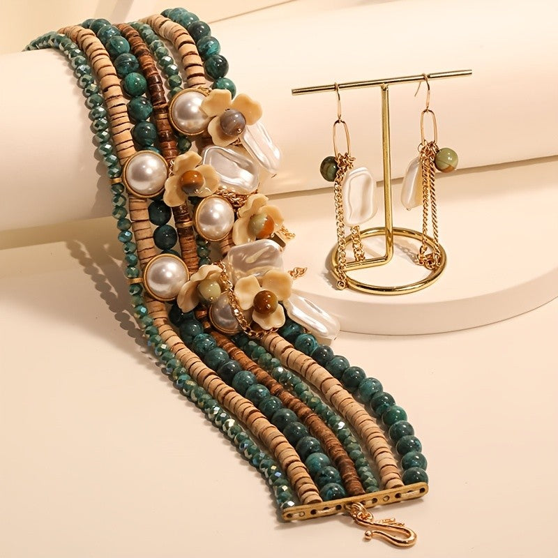 Boho Vintage Resin Flower Multi-Layer Necklace & Earring Set
