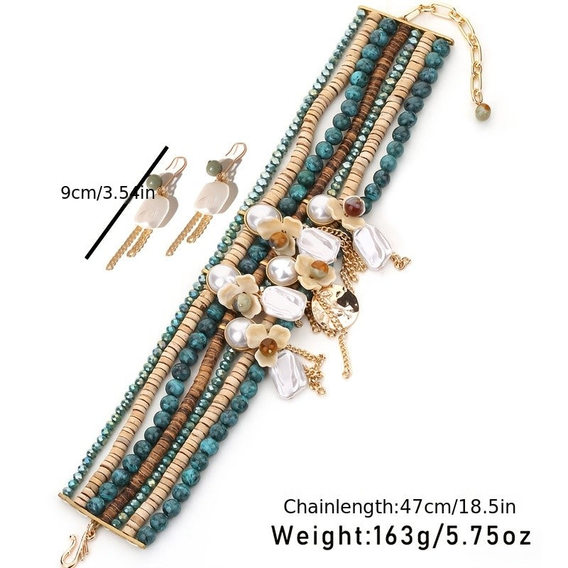 Boho Vintage Resin Flower Multi-Layer Necklace & Earring Set