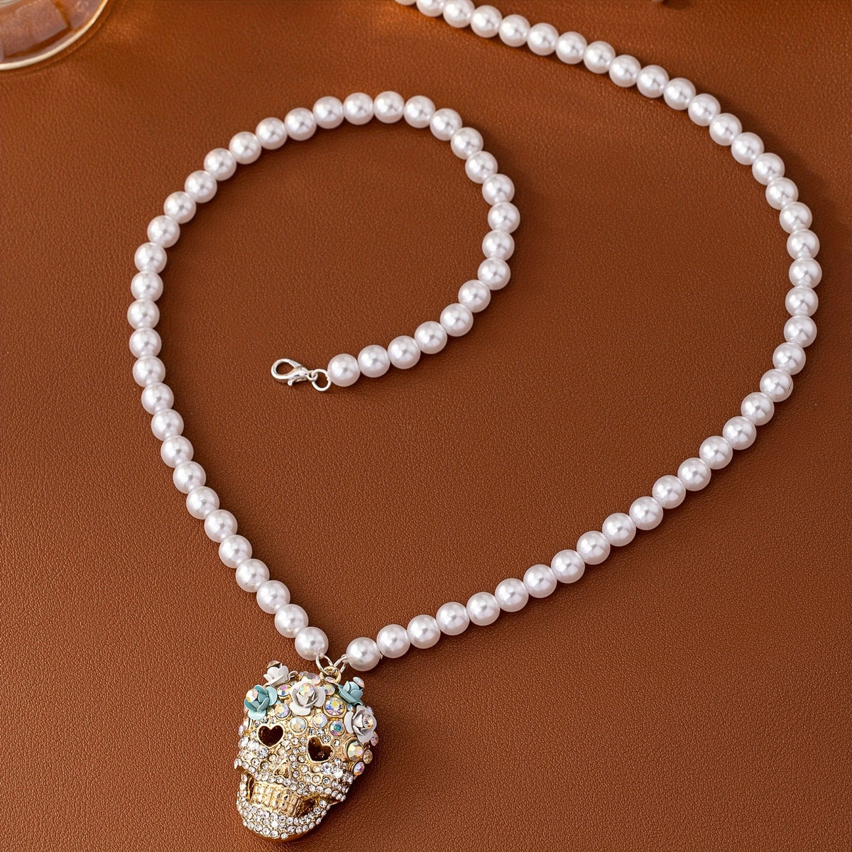 Chunky Floral Skull Pearl Necklace
