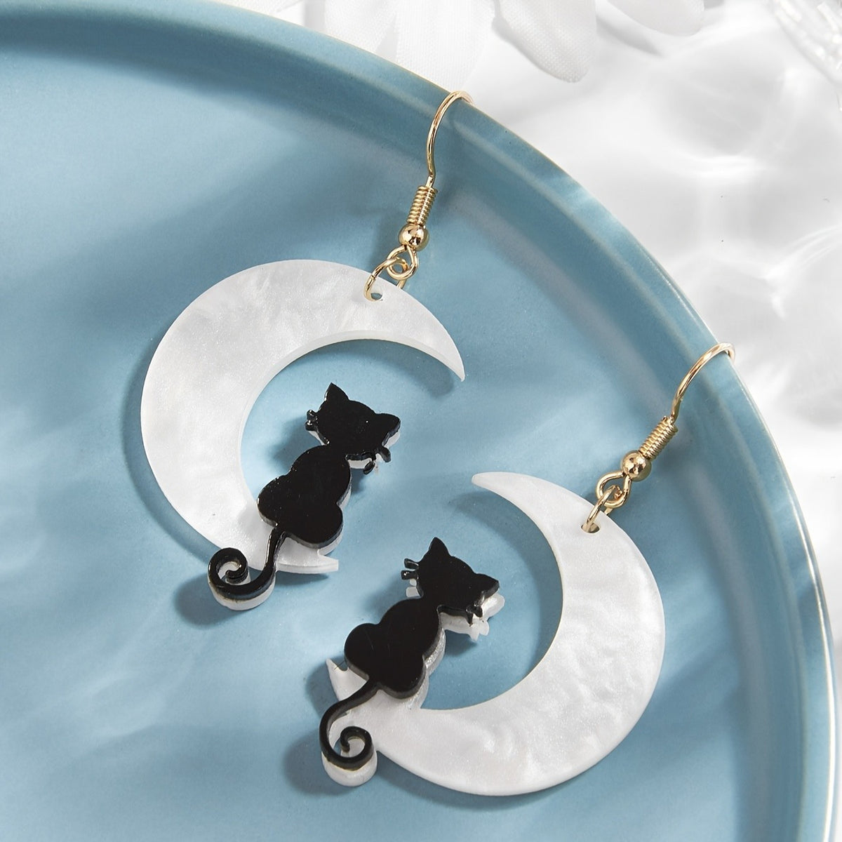 14k Whimsical Black Cat Moon Earrings