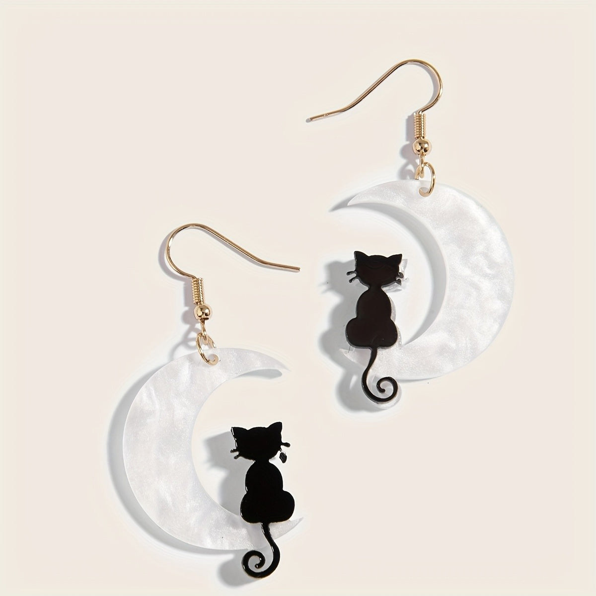 14k Whimsical Black Cat Moon Earrings