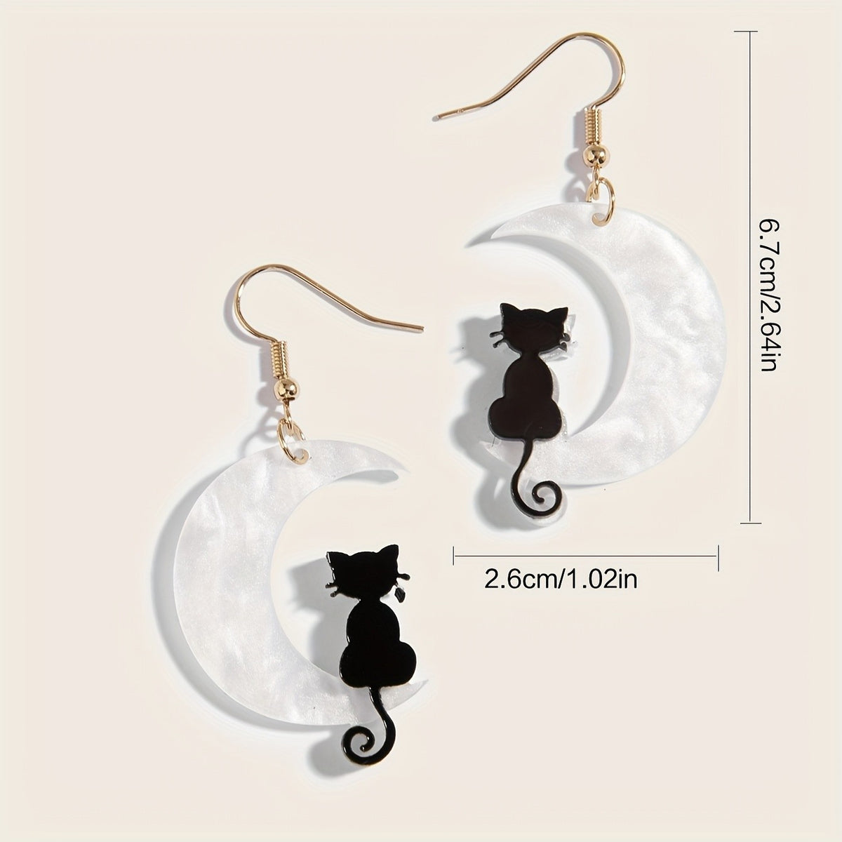 14k Whimsical Black Cat Moon Earrings