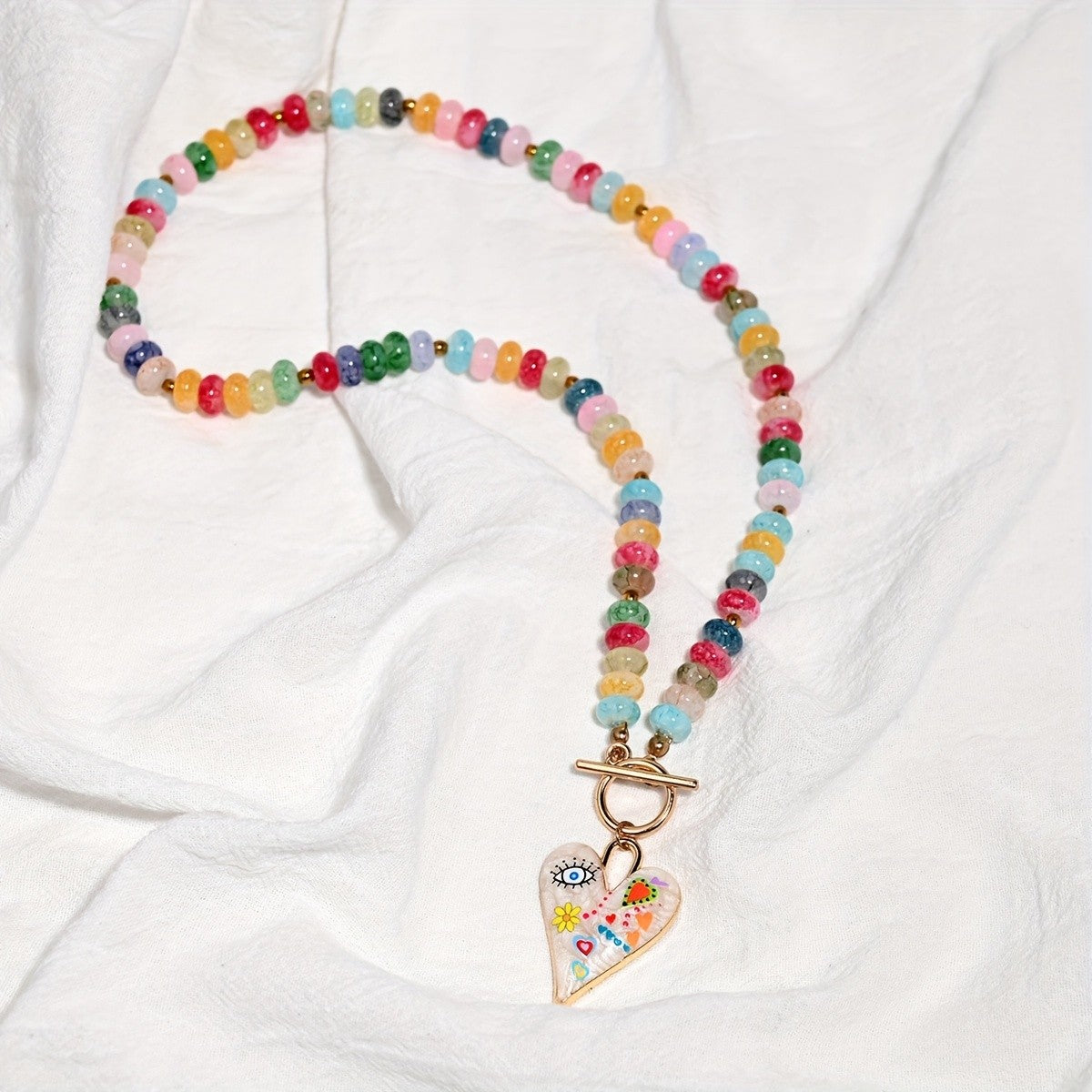 Boho Colorful Glass Bead Heart Necklace