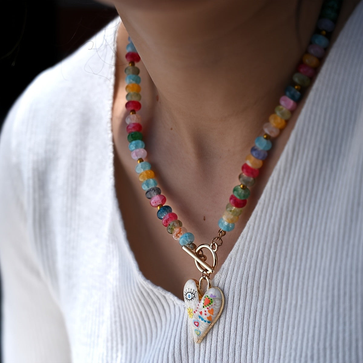 Boho Colorful Glass Bead Heart Necklace