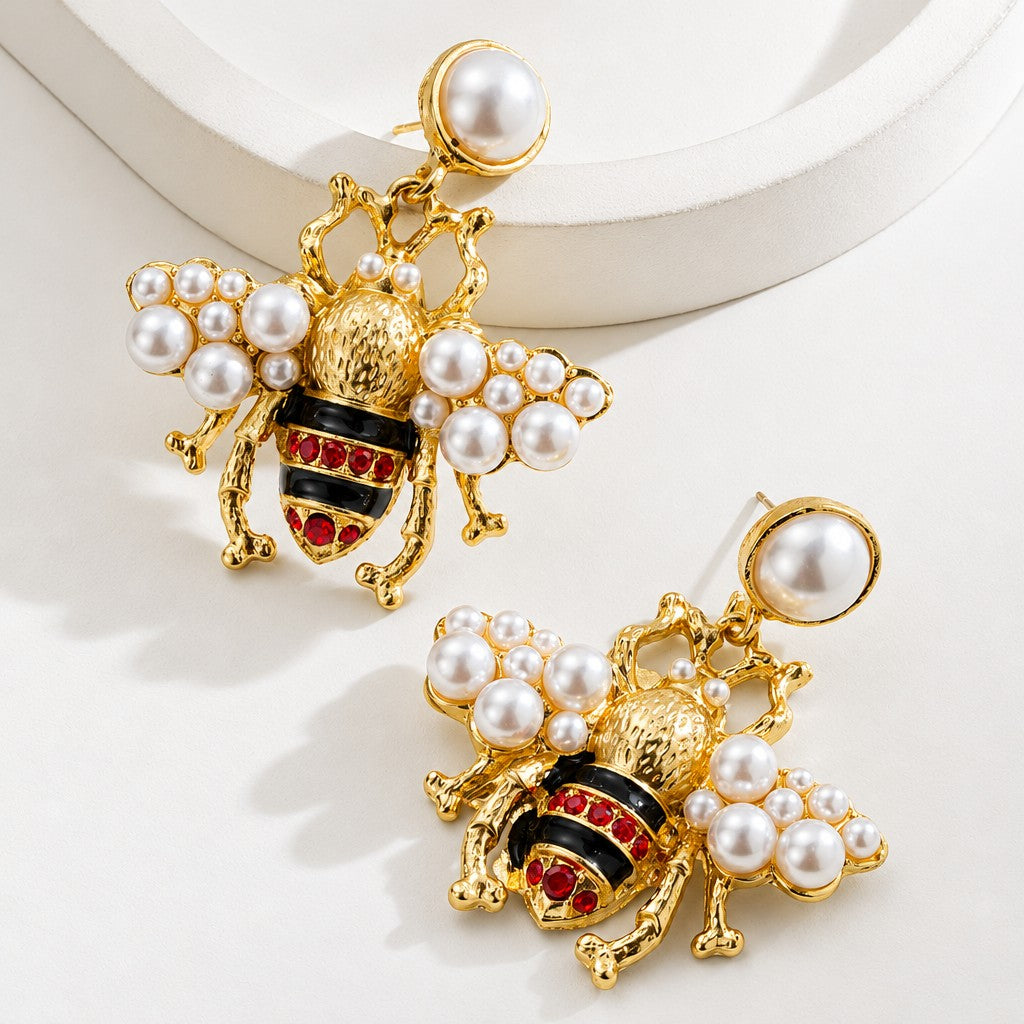 Classy Winged Heart & Pearl Bee Earrings
