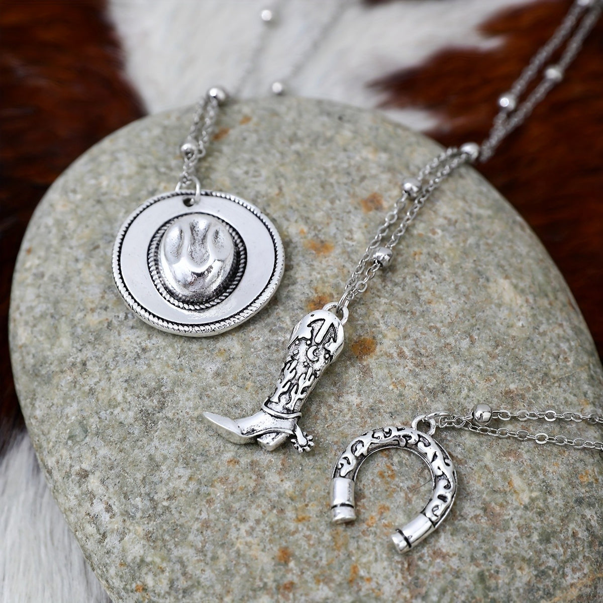 3pc Vintage Cowboy Boot Necklace Set
