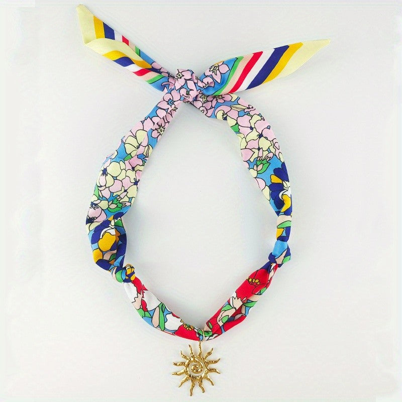 Boho Floral Scarf Sun Pendant Necklace