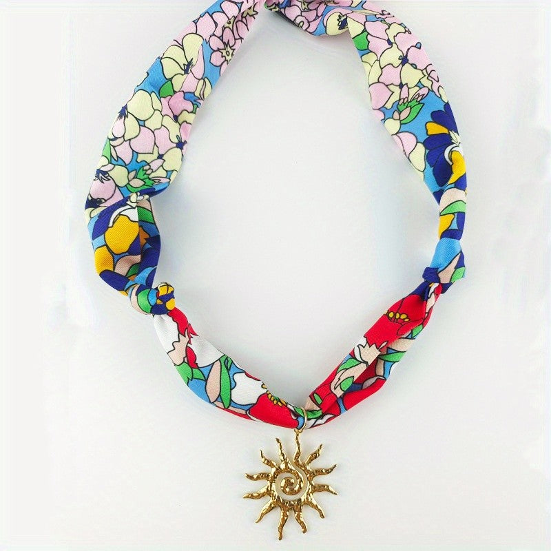 Boho Floral Scarf Sun Pendant Necklace