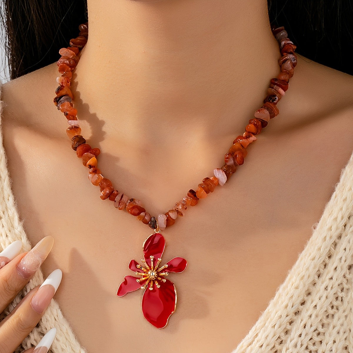 Boho Natural Stone Flower Necklace