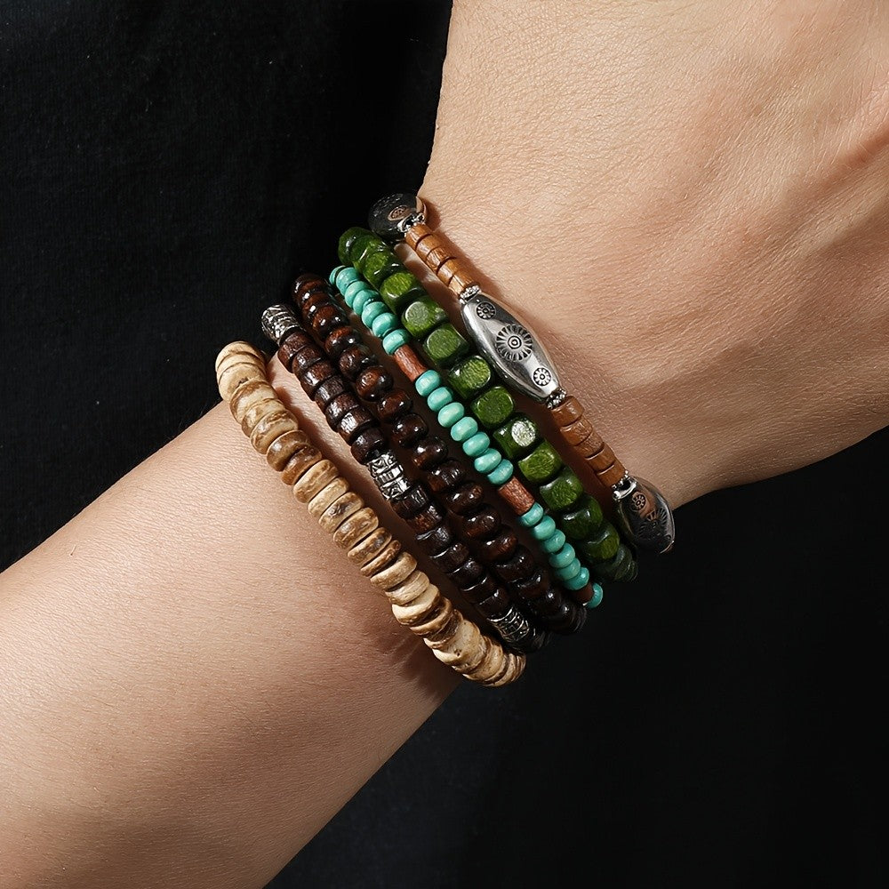 6pc Boho Mixed Wood & Stone Bracelet Set