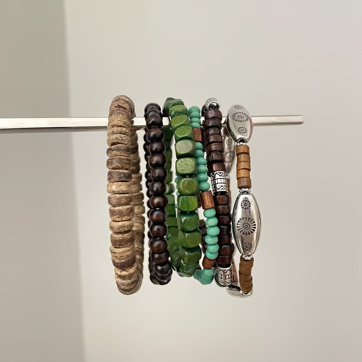 6pc Boho Mixed Wood & Stone Bracelet Set