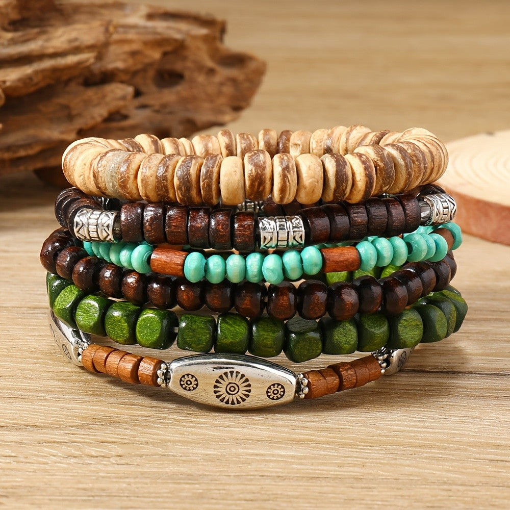 6pc Boho Mixed Wood & Stone Bracelet Set