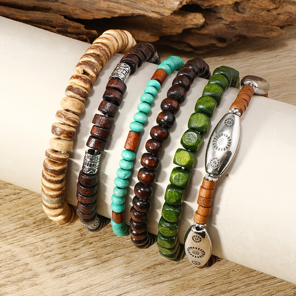 6pc Boho Mixed Wood & Stone Bracelet Set