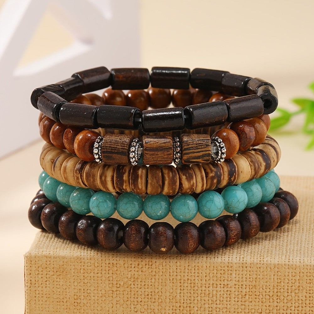 5pc Vintage Wood & Turquoise Bracelet Set