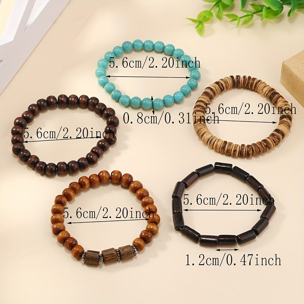 5pc Vintage Wood & Turquoise Bracelet Set