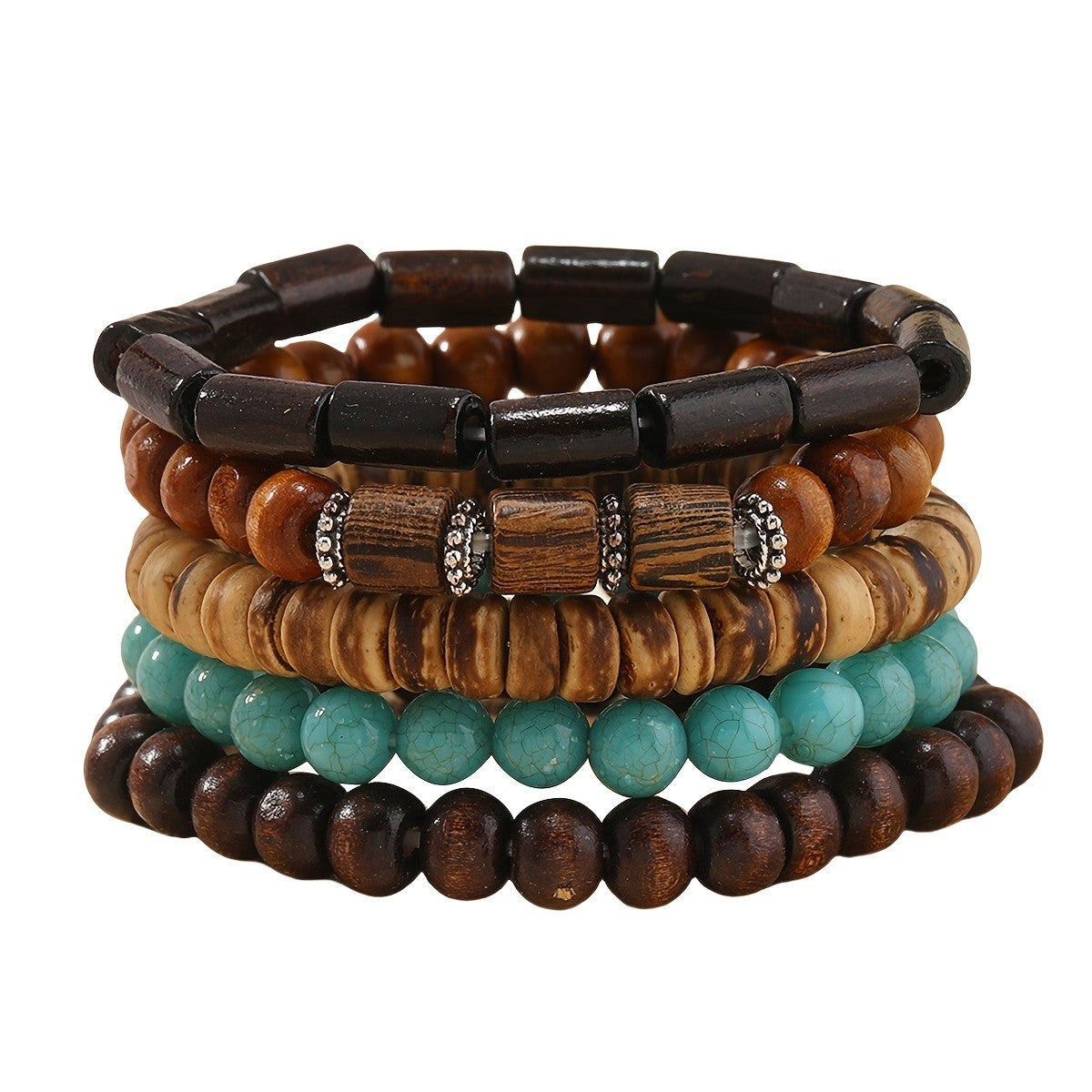 5pc Vintage Wood & Turquoise Bracelet Set