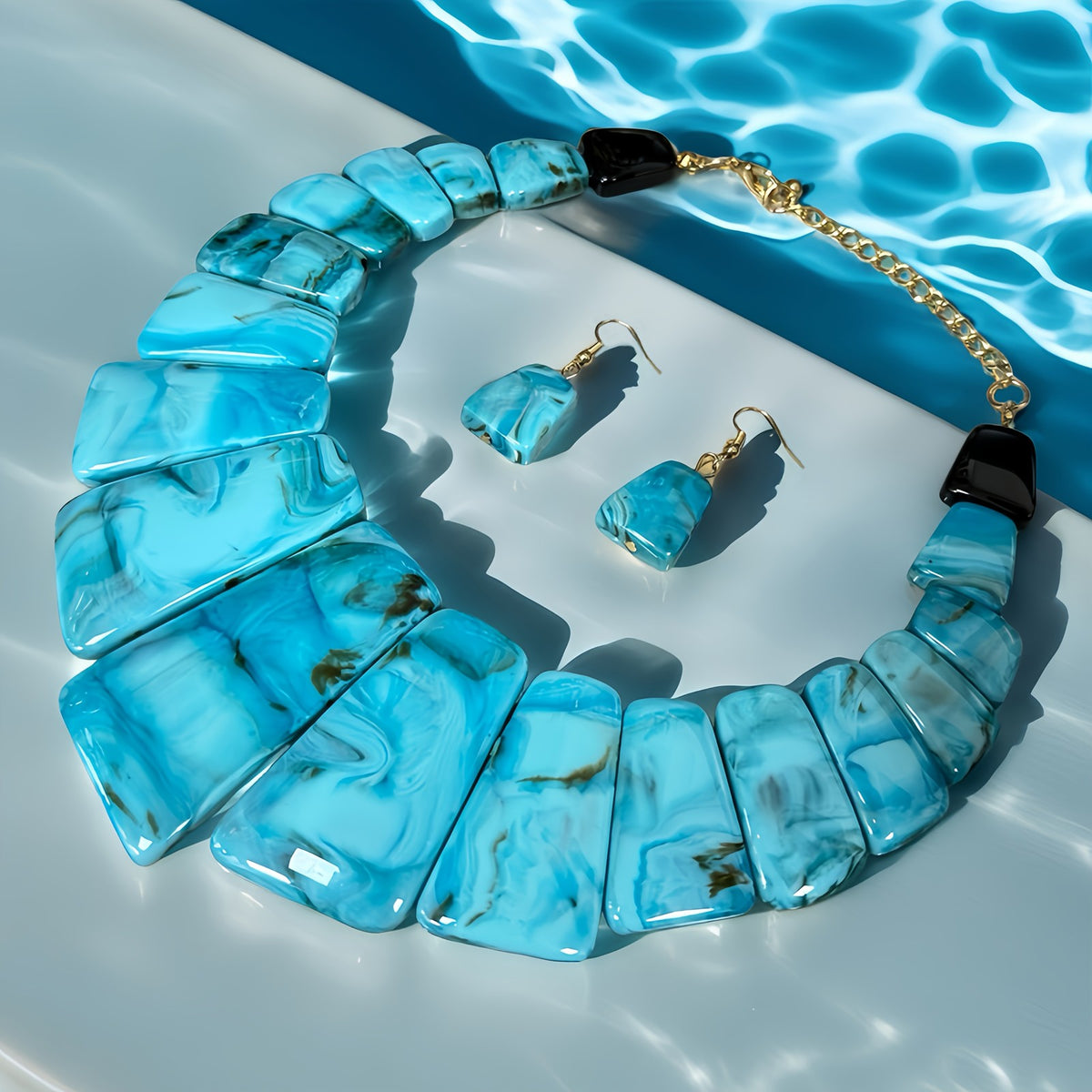 Boho Blue Marbled Resin Necklace & Earring Set