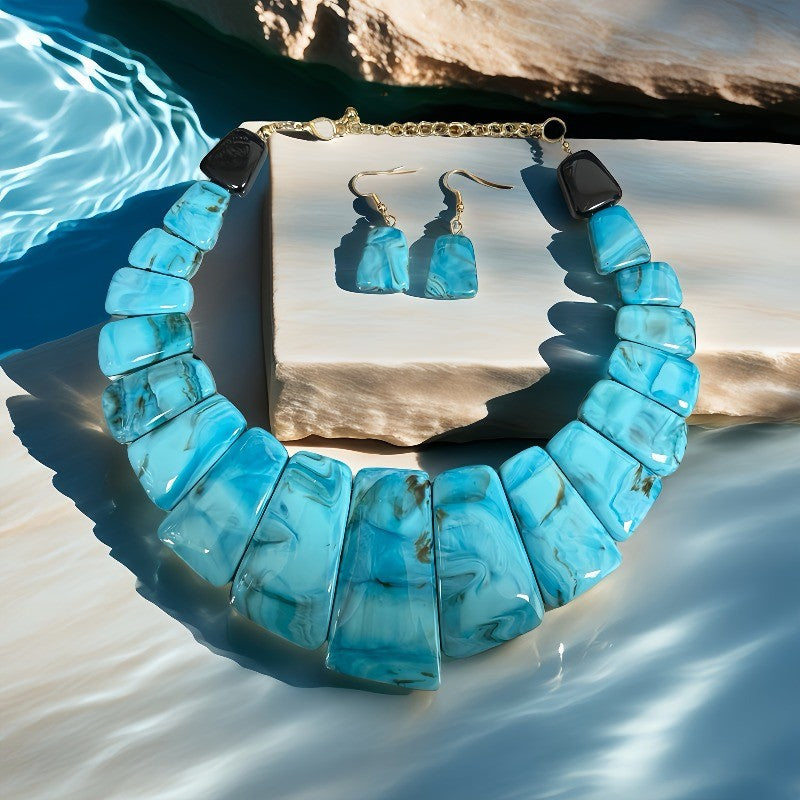 Boho Blue Marbled Resin Necklace & Earring Set