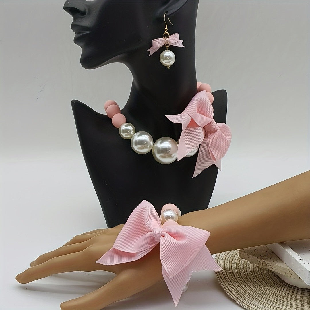 Classy Black Bow Pearl Necklace, Bracelet & Earring Set