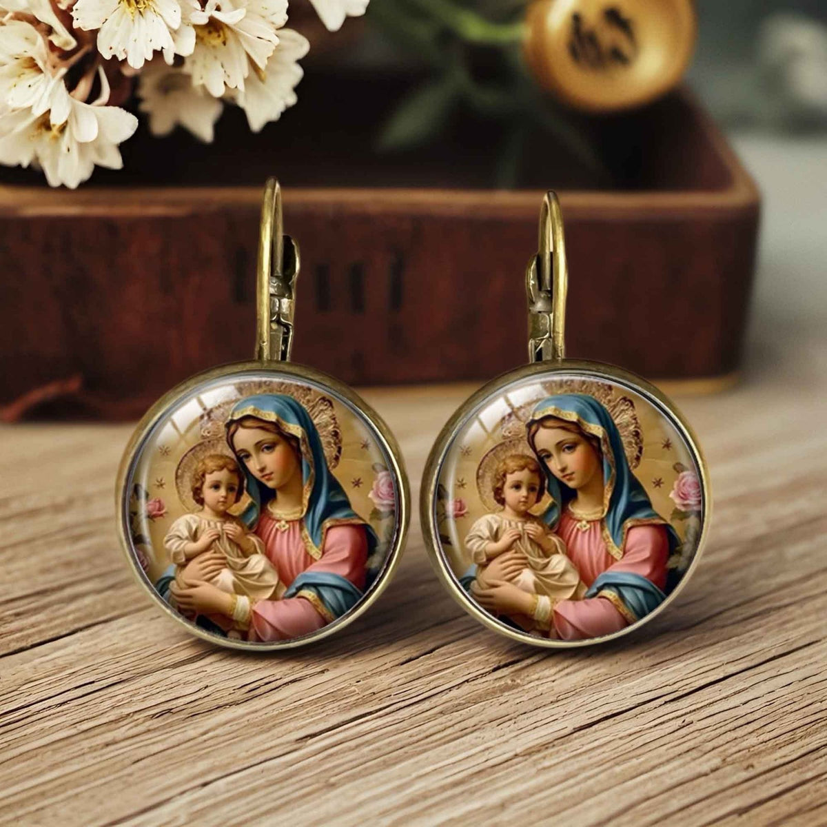 Vintage Virgin Mary Round Earrings