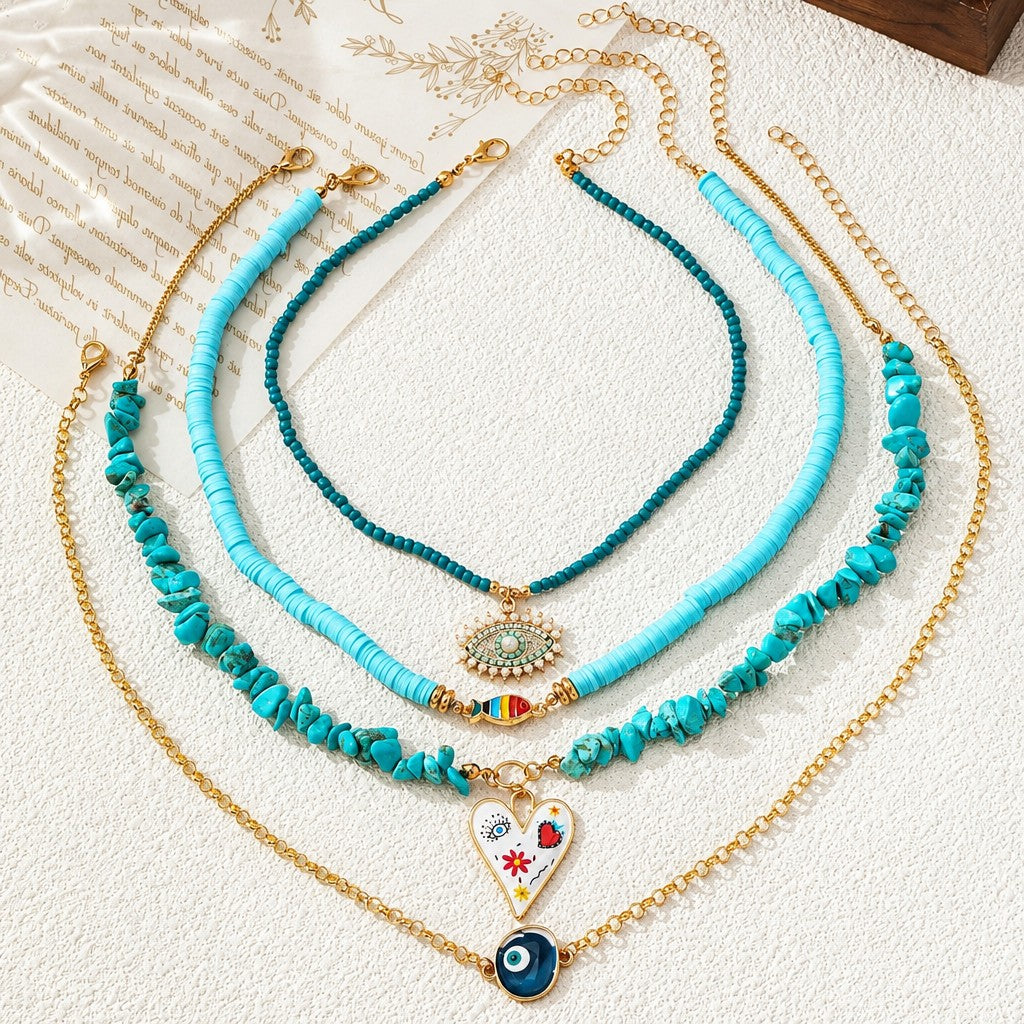 Boho Layered Turquoise Evil Eye & Fish Necklace