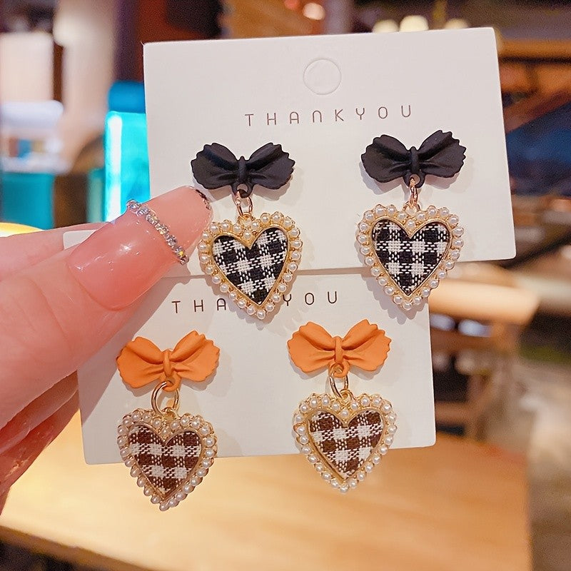 Romantic Plaid Heart Bow Earrings