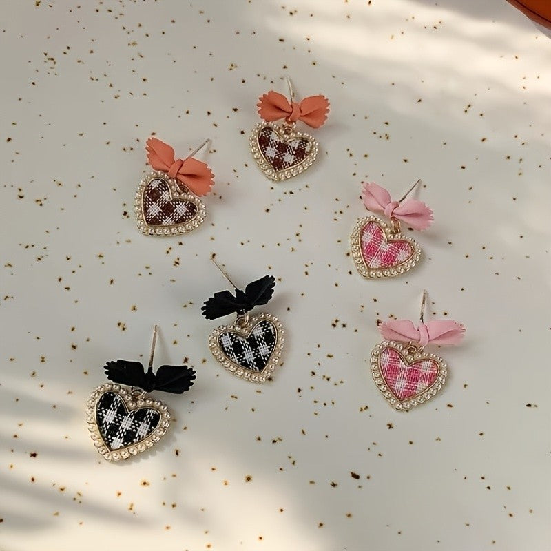 Romantic Plaid Heart Bow Earrings