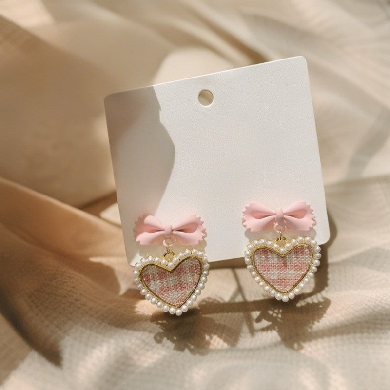 Romantic Plaid Heart Bow Earrings