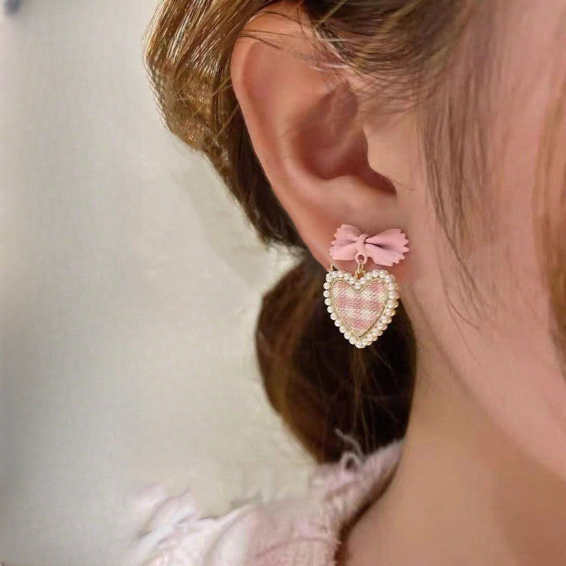 Romantic Plaid Heart Bow Earrings