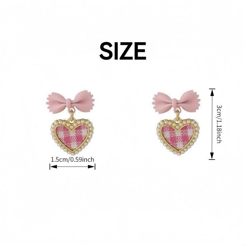 Romantic Plaid Heart Bow Earrings