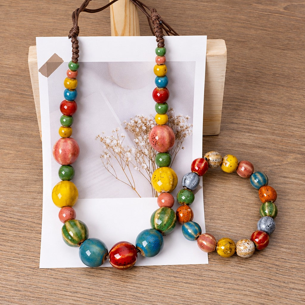 Boho Multicolor Ceramic Bead Necklace, Bracelet Set