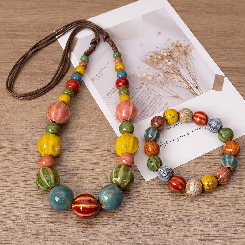 Boho Multicolor Ceramic Bead Necklace, Bracelet Set