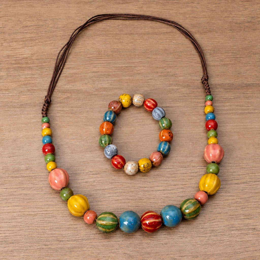 Boho Multicolor Ceramic Bead Necklace, Bracelet Set