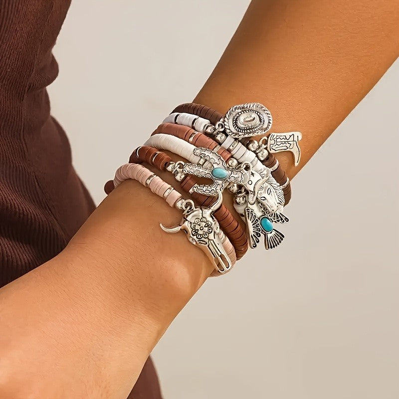 6pc Boho Western Clay Bead Bracelet Set