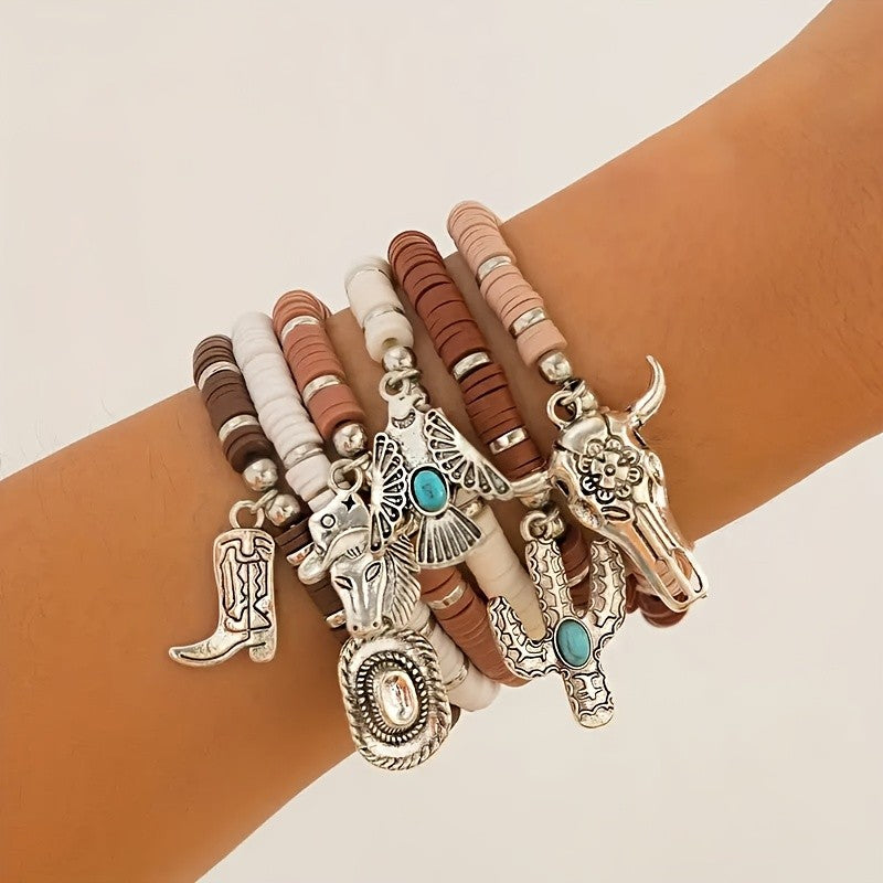 6pc Boho Western Clay Bead Bracelet Set
