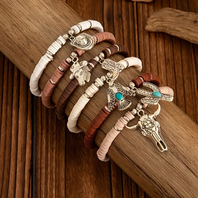 6pc Boho Western Clay Bead Bracelet Set