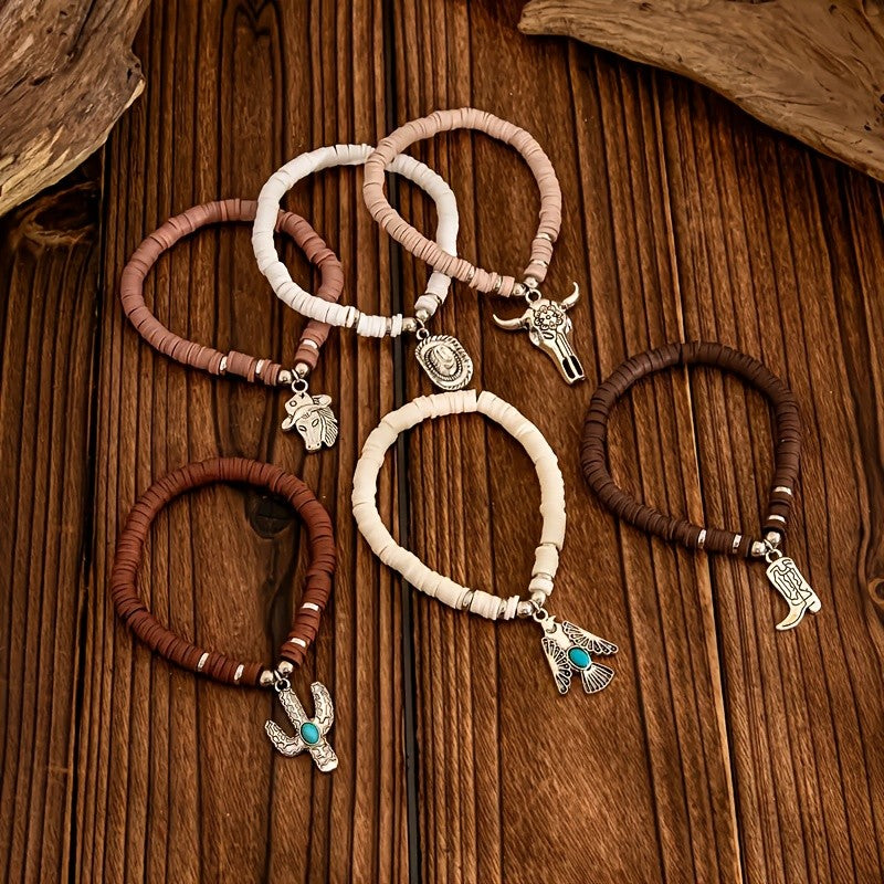 6pc Boho Western Clay Bead Bracelet Set