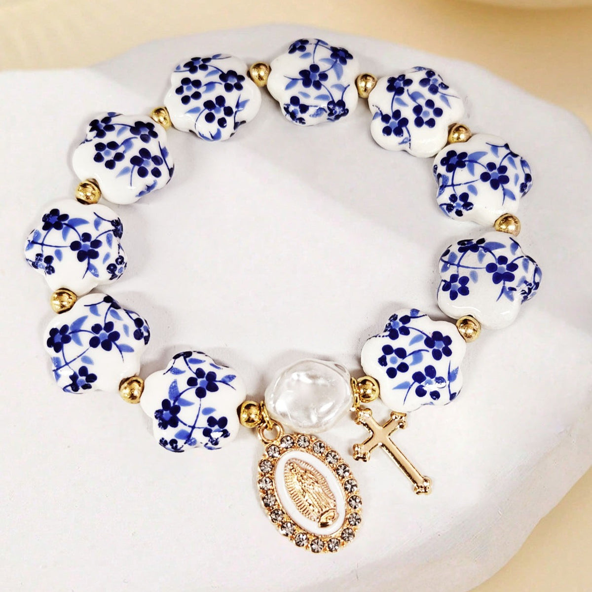 Elegant Blue Floral Virgin Mary Bracelet