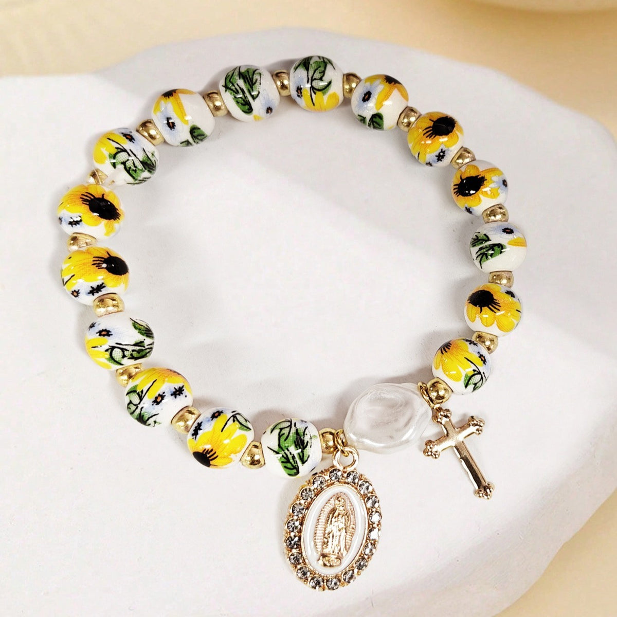 Elegant Blue Floral Virgin Mary Bracelet