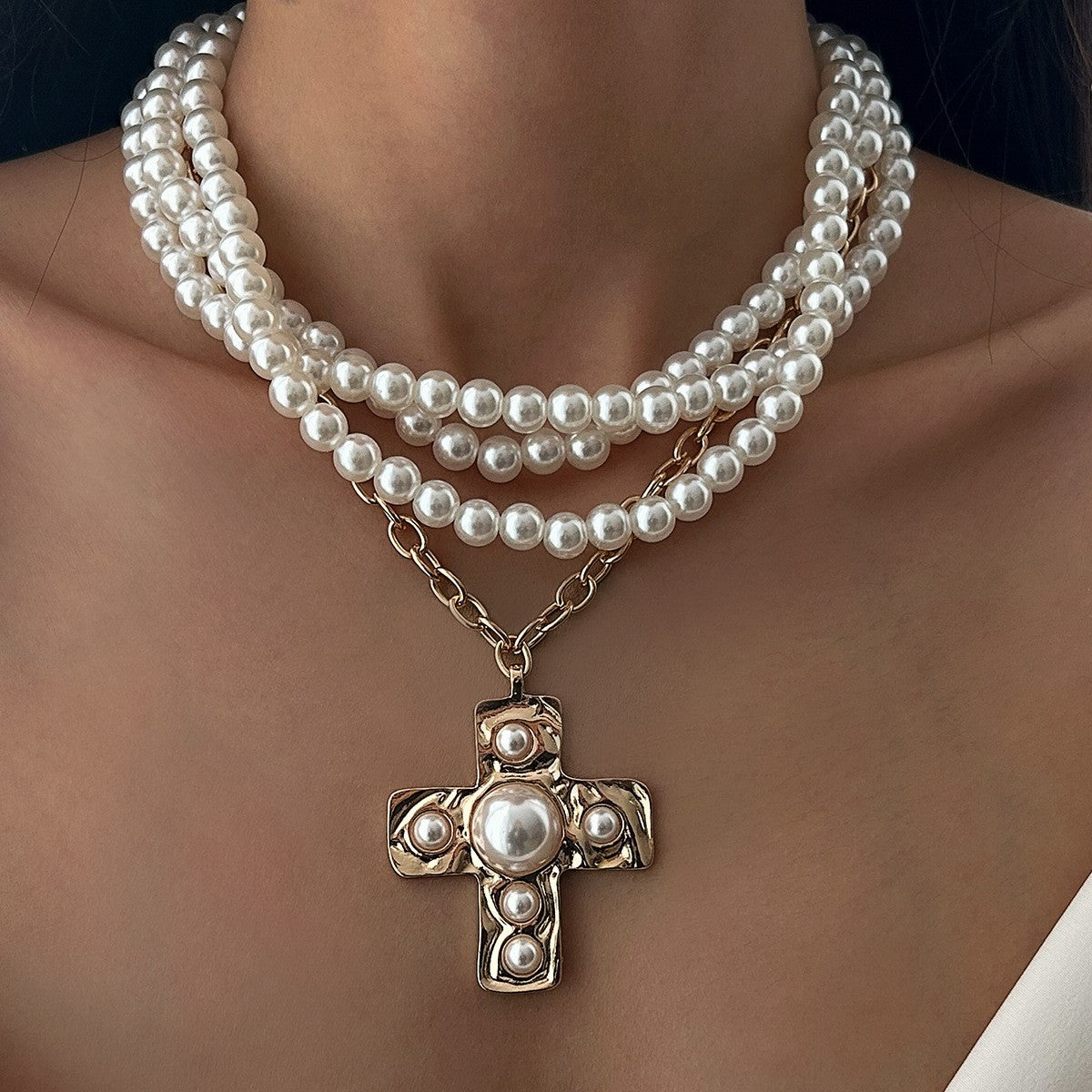 Elegant Layered Pearl Cross Necklace