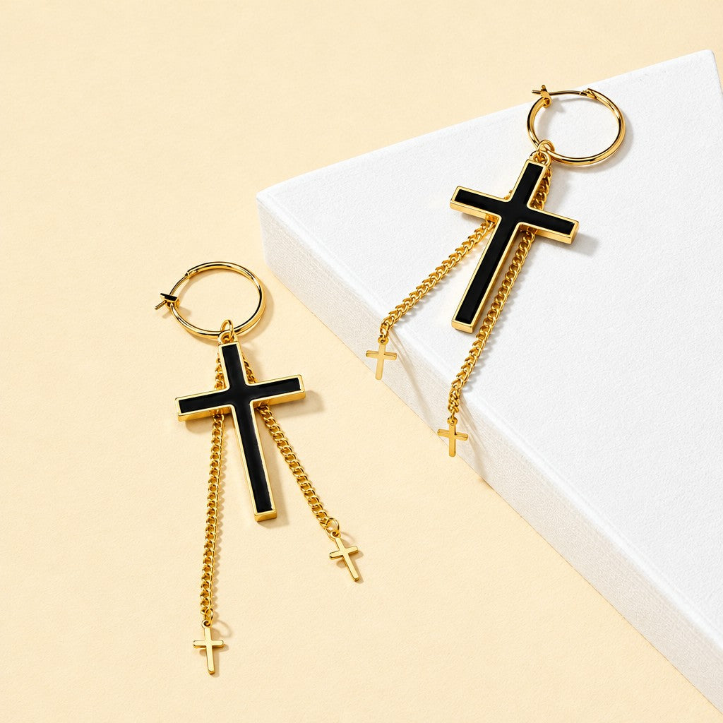 Elegant Black Cross Hoop Earrings