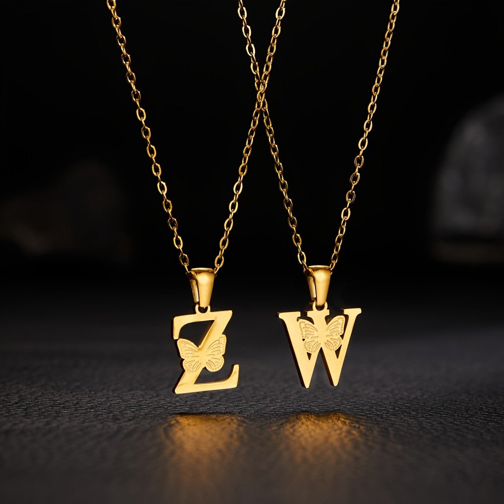 14k Dainty Butterfly Initial Necklace