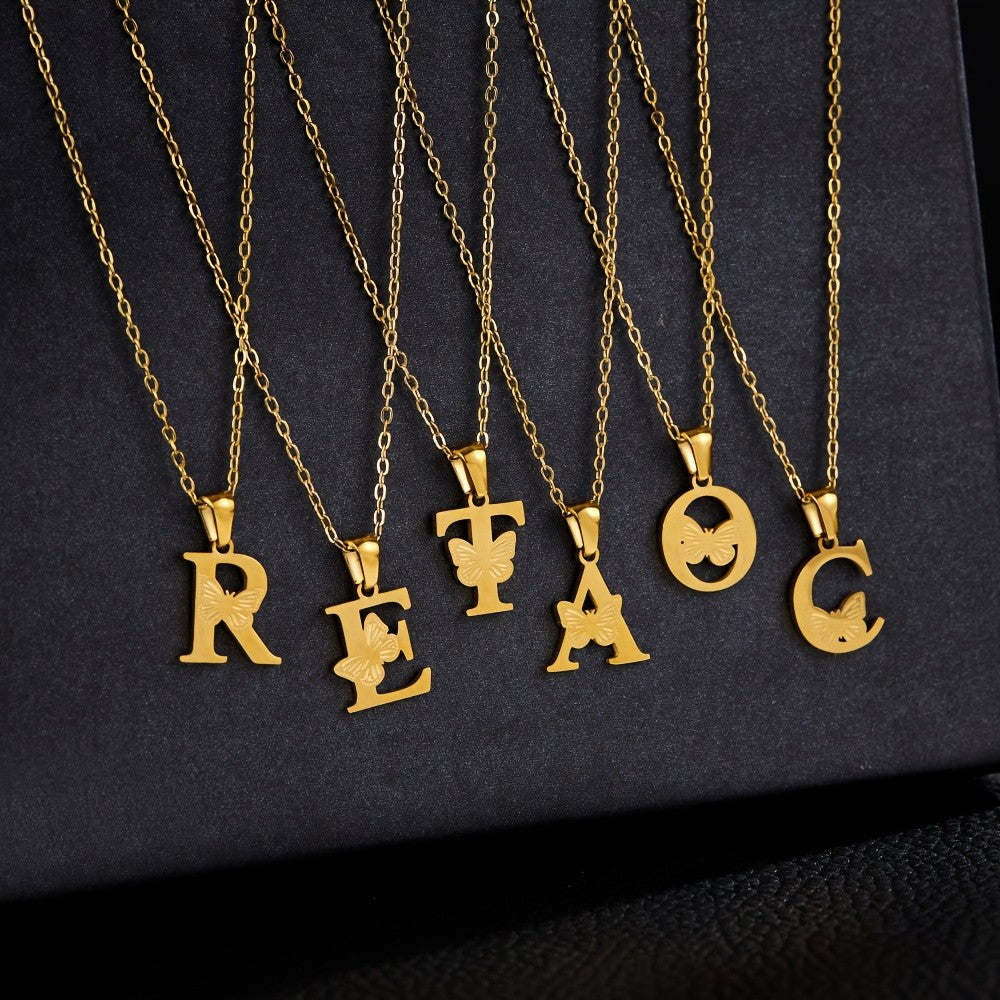14k Dainty Butterfly Initial Necklace